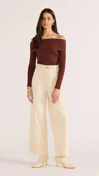 MinkPink Jane Drill Straight Leg Pants - Ecru-Hand In Pocket