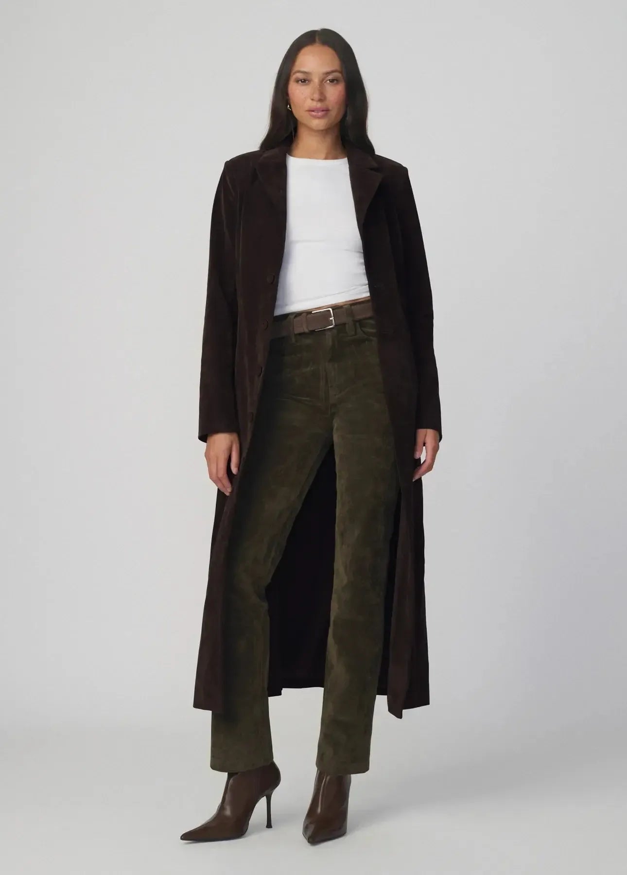 Joe's Jeans The Vegan Suede Long Coat - Dark Chocolate-Hand In Pocket
