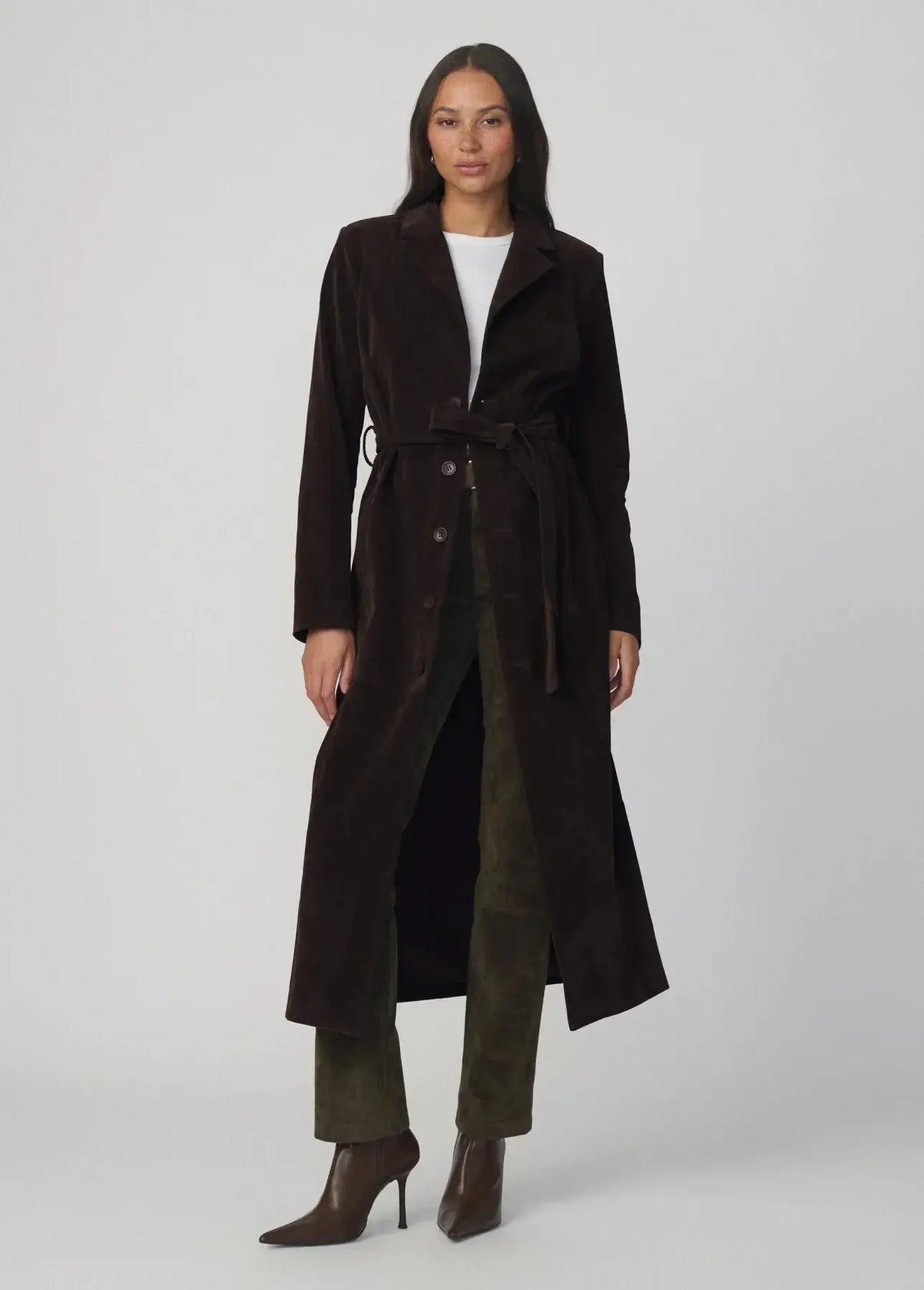 Joe's Jeans The Vegan Suede Long Coat - Dark Chocolate-Hand In Pocket