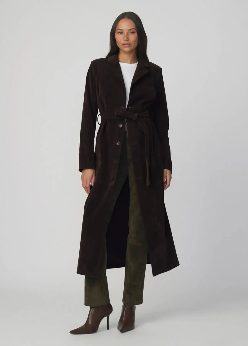Joe's Jeans The Vegan Suede Long Coat - Dark Chocolate-Hand In Pocket