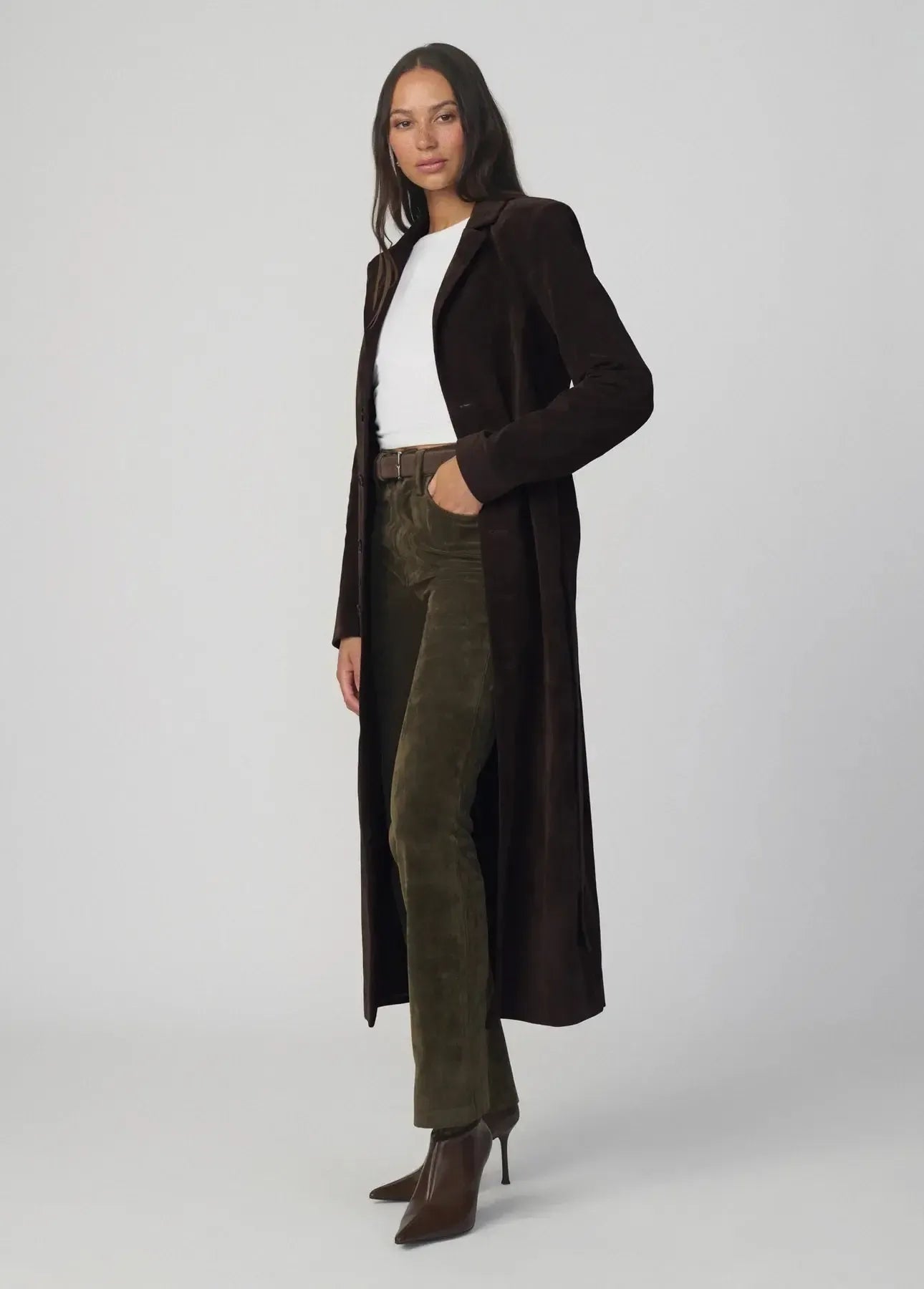 Joe's Jeans The Vegan Suede Long Coat - Dark Chocolate-Hand In Pocket