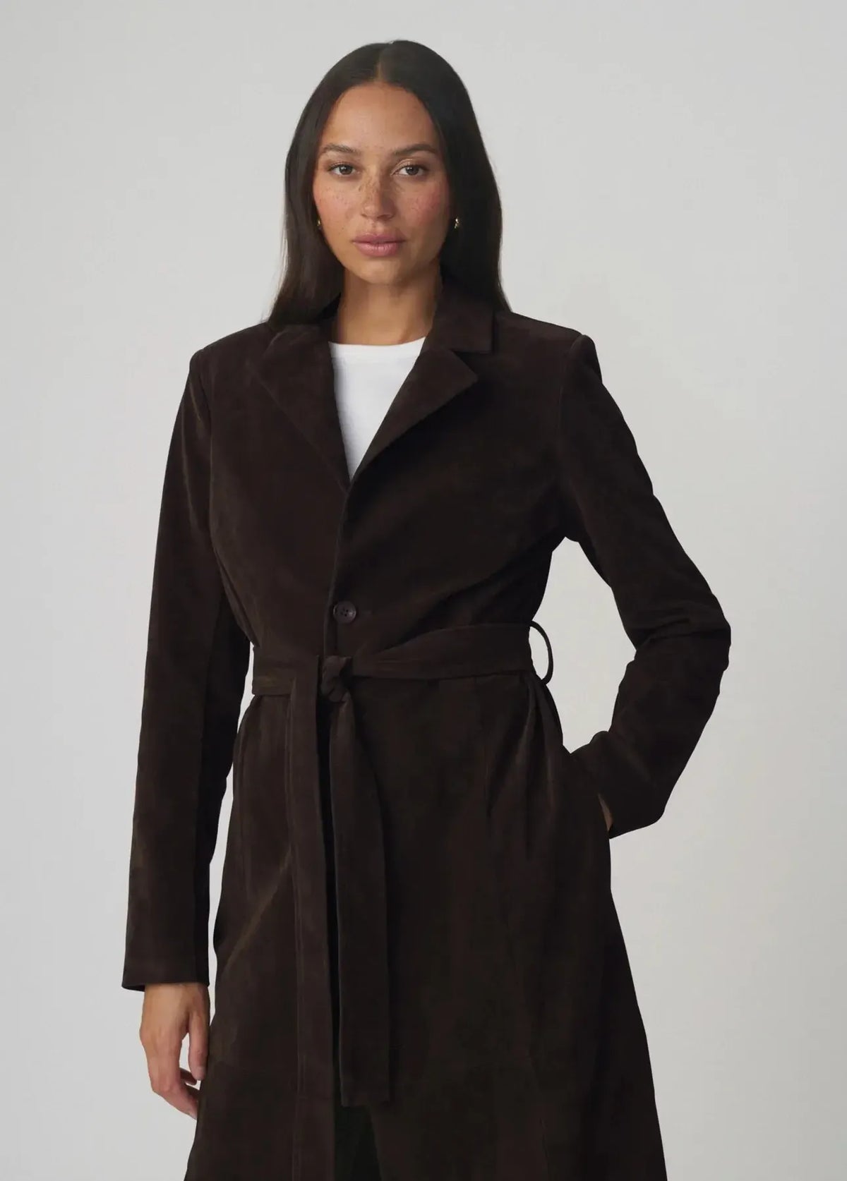 Joe's Jeans The Vegan Suede Long Coat - Dark Chocolate-Hand In Pocket
