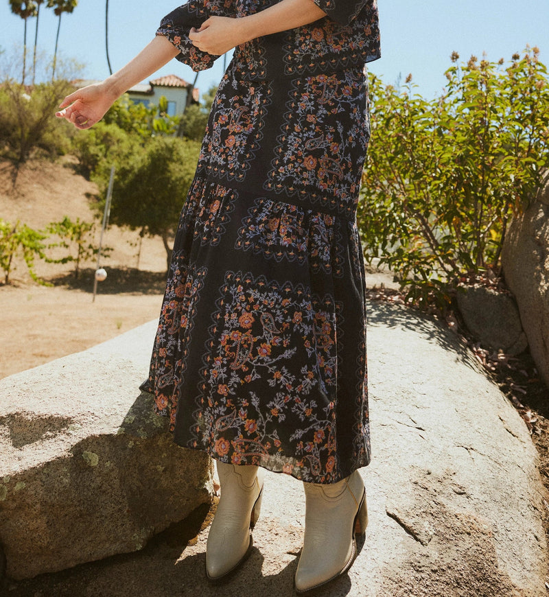 Cleobella Marjorie Ankle Skirt- Dark La Ramos Print-Hand In Pocket