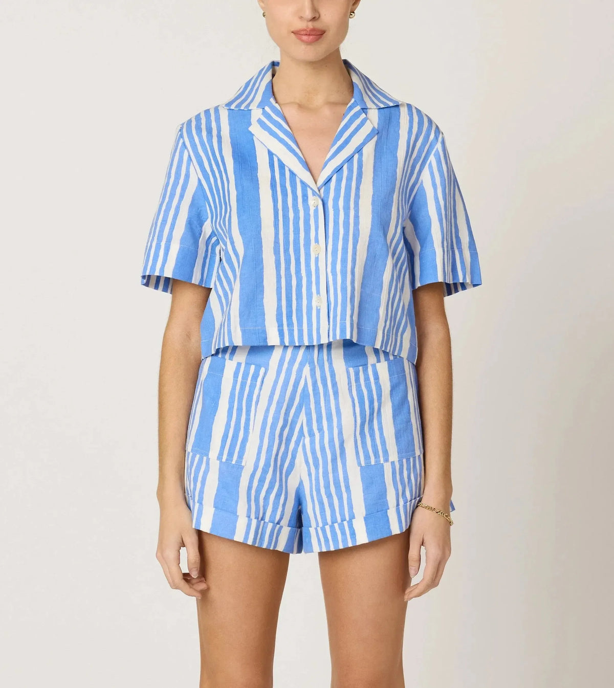 Cleobella Niko Shorts - Vecchio Stripe Blue-Hand In Pocket