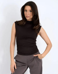 RD Style Yve Funnel Neck Top - Dark Walnut-Hand In Pocket