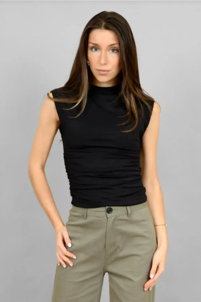 RD Style Yve Funnel Neck Top- Black-Hand In Pocket