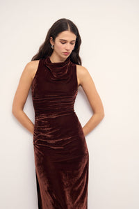 MINKPINK Sonja Velvet Midi Dress - Chocolate-Hand In Pocket