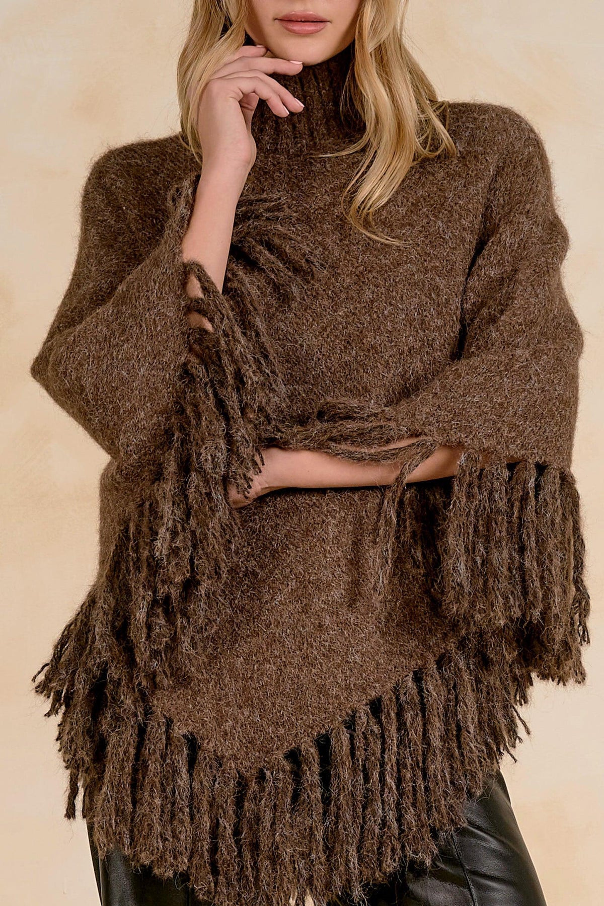 Elan Fringe Turtleneck Sweater - Brown-Hand In Pocket