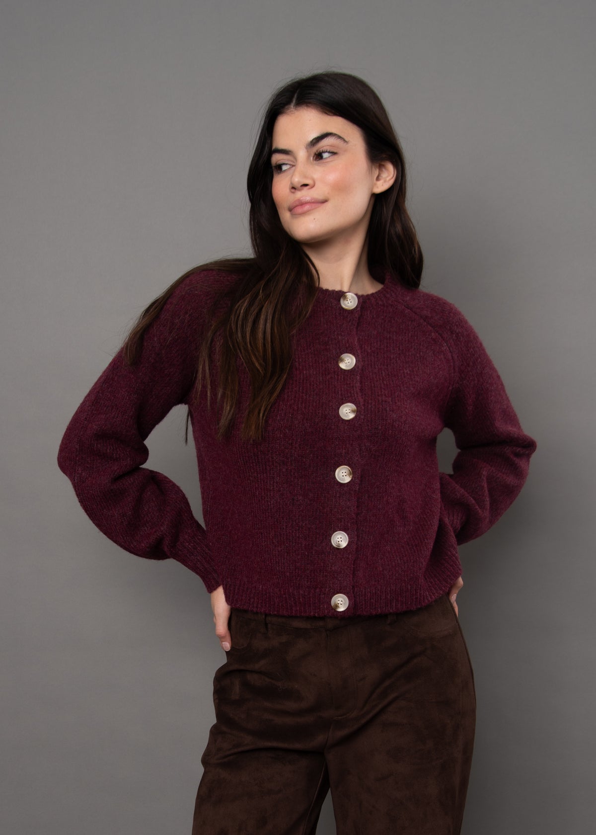 RD Style Rada L/S Cardi - Plum Melange-Hand In Pocket