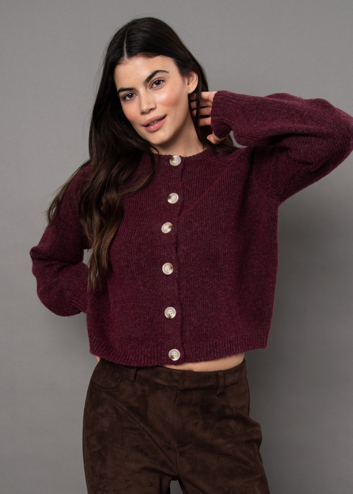 RD Style Rada L/S Cardi - Plum Melange-Hand In Pocket