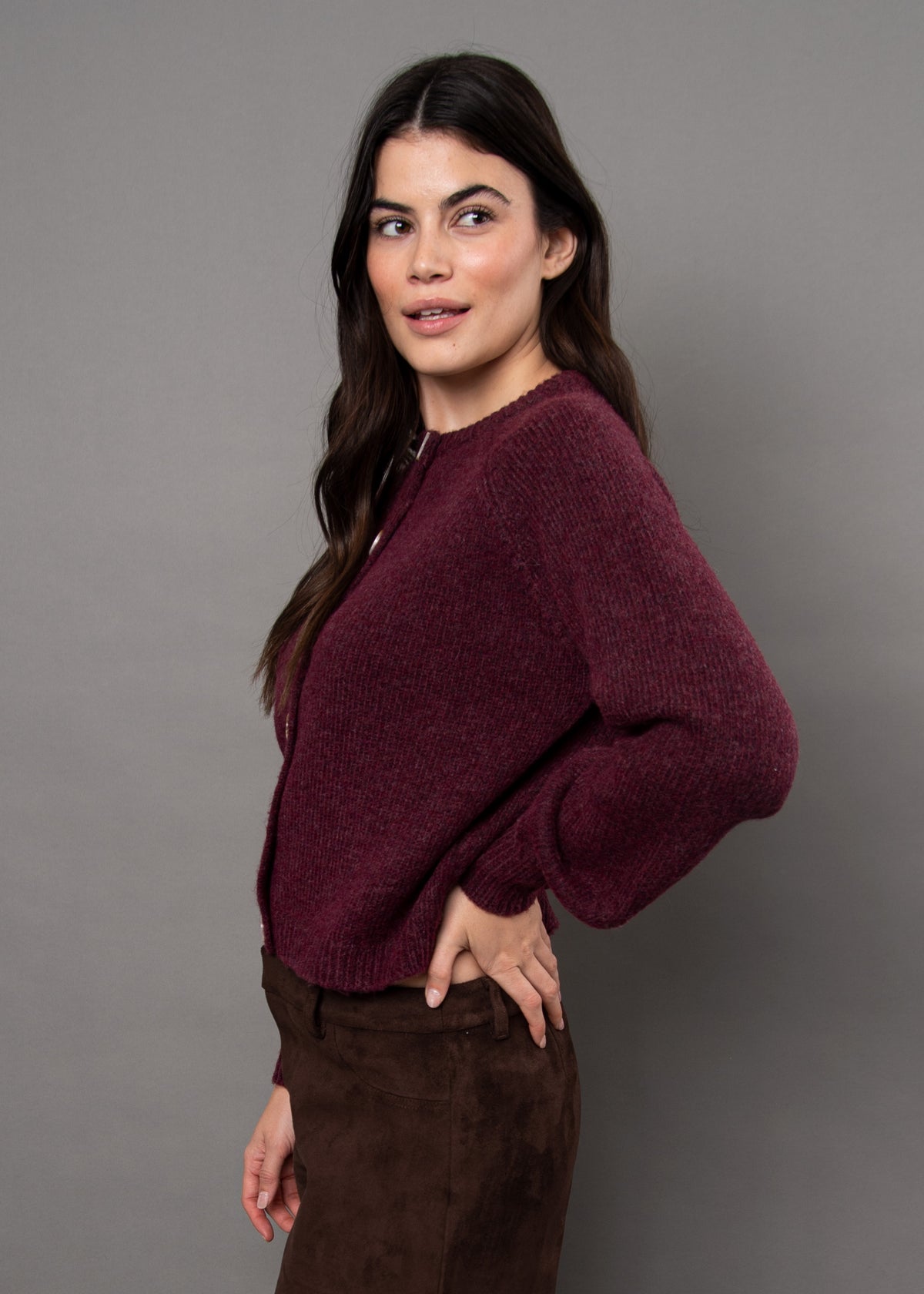 RD Style Rada L/S Cardi - Plum Melange-Hand In Pocket