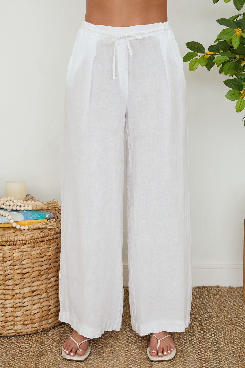 Milano Linen Pleated Pants- White-Hand In Pocket