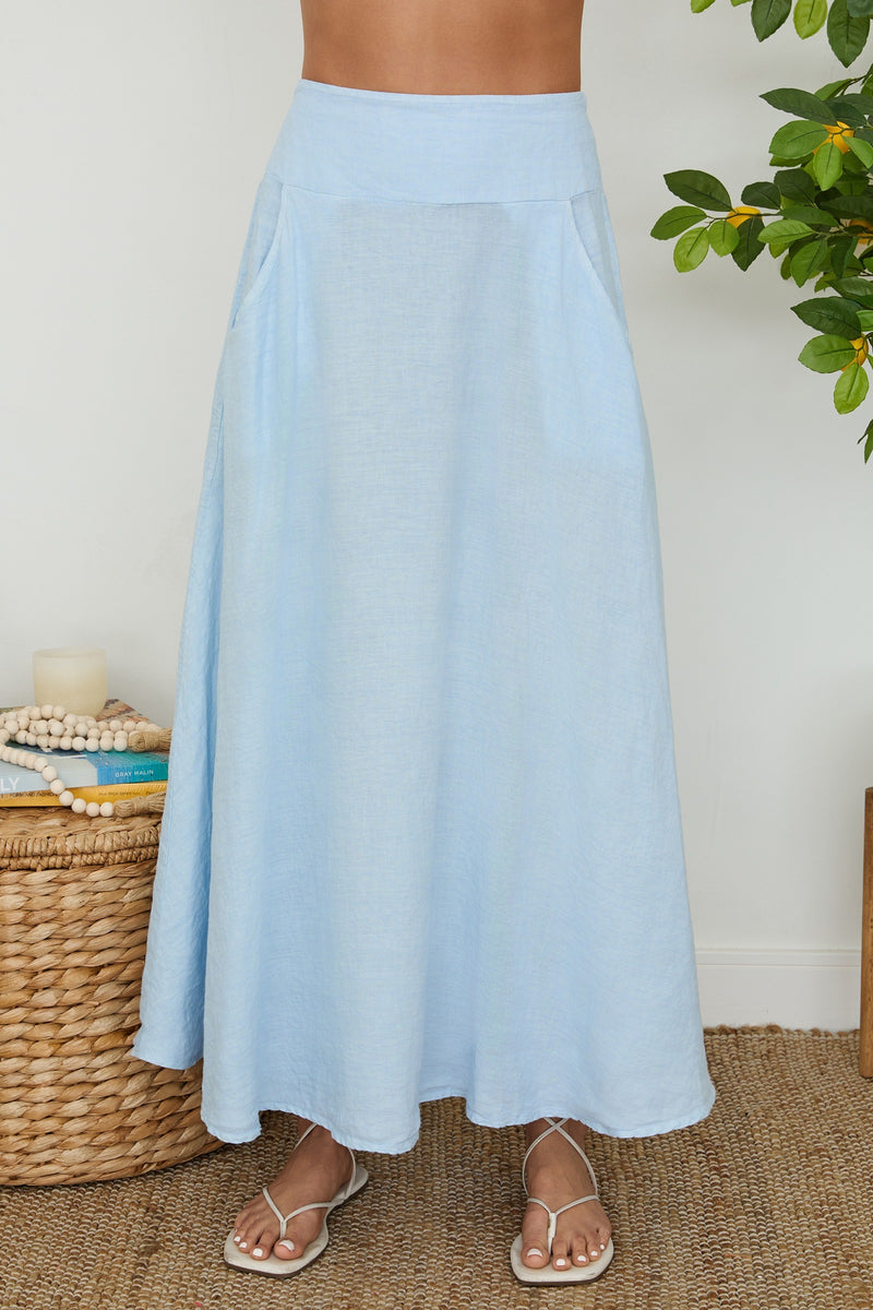 Milano Linen Maxi Skirt- Sky Blue-Hand In Pocket