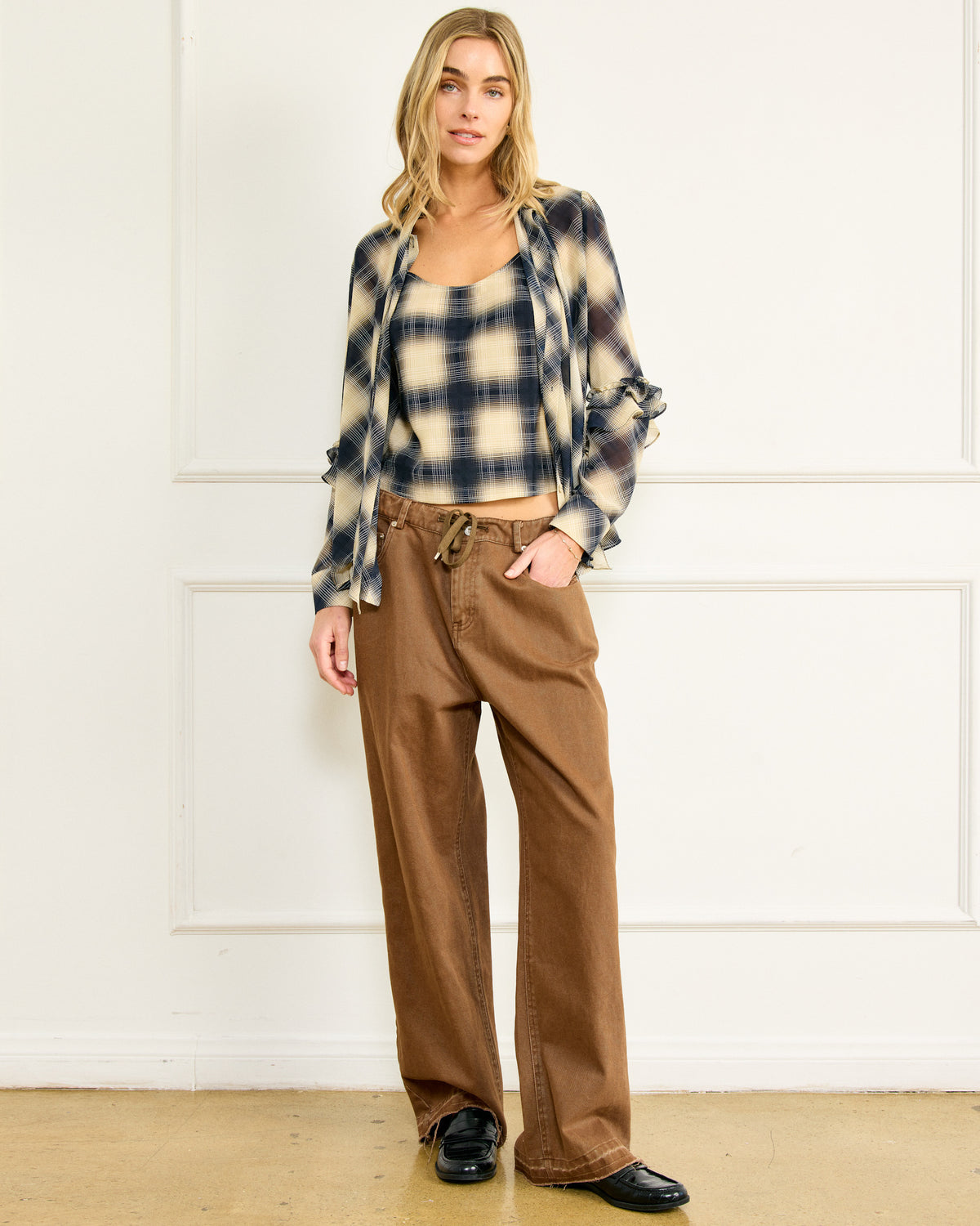 Line + Dot Maven Tied Blouse- Navy Multi-Hand In Pocket