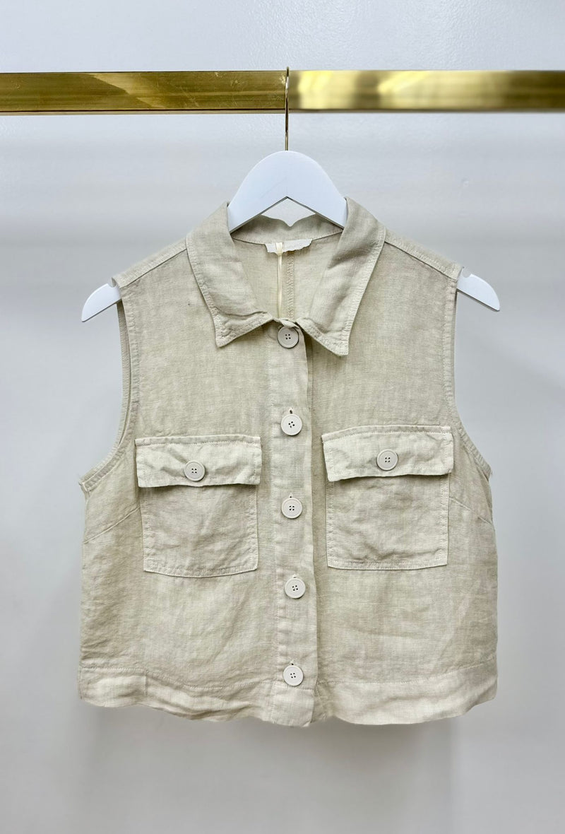 Milano Linen Utility Vest- Beige-Hand In Pocket