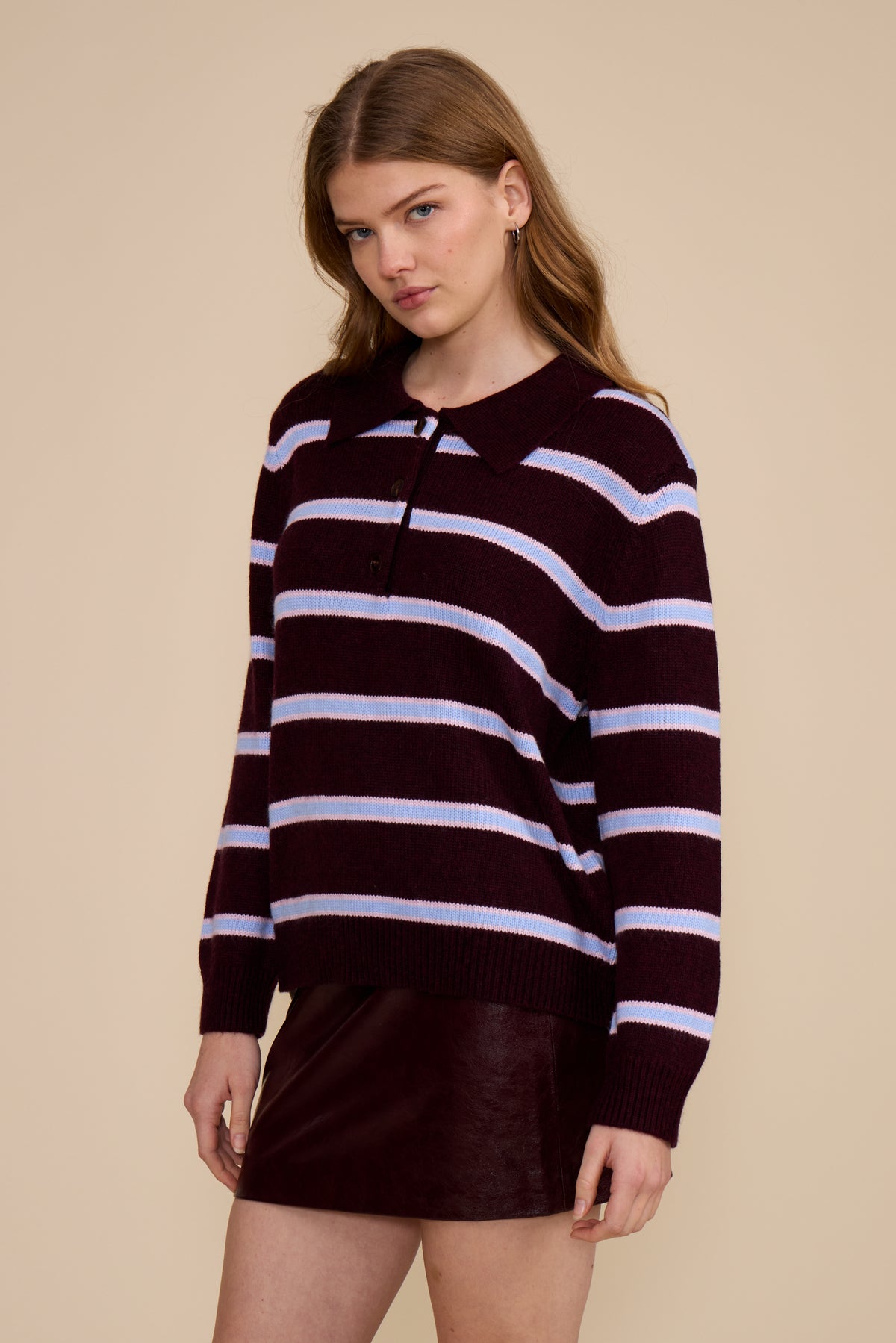 Lucy Paris Bailey Relaxed Polo Sweater - Burgundy Multi-Hand In Pocket