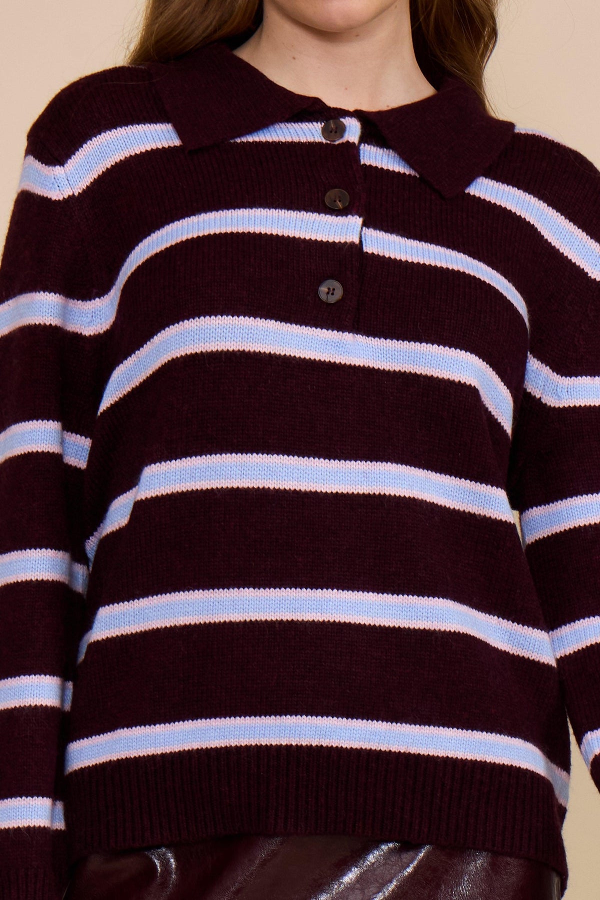 Lucy Paris Bailey Relaxed Polo Sweater - Burgundy Multi-Hand In Pocket