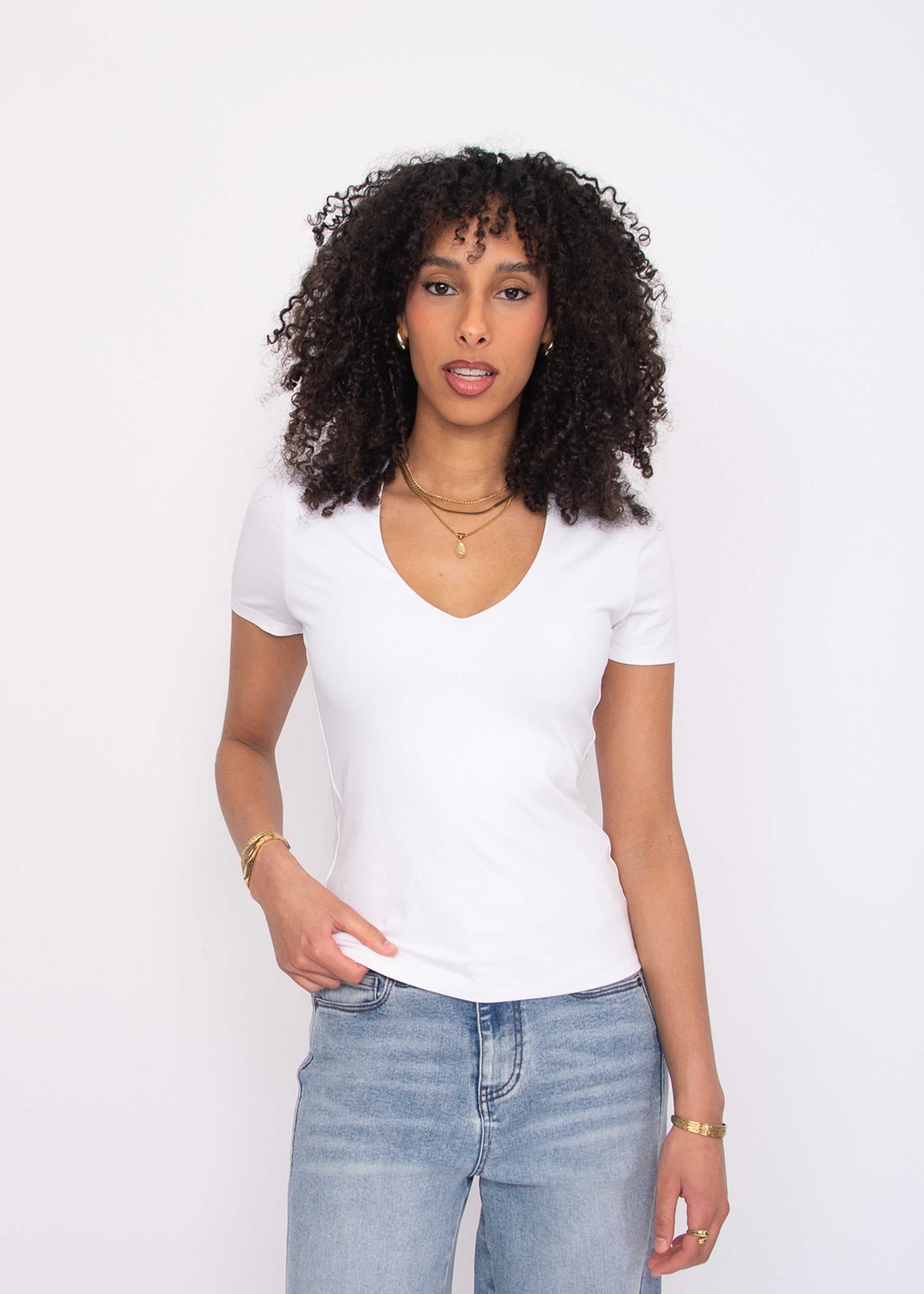 RD Style Valenna SS V-Neck Tee - White-Hand In Pocket