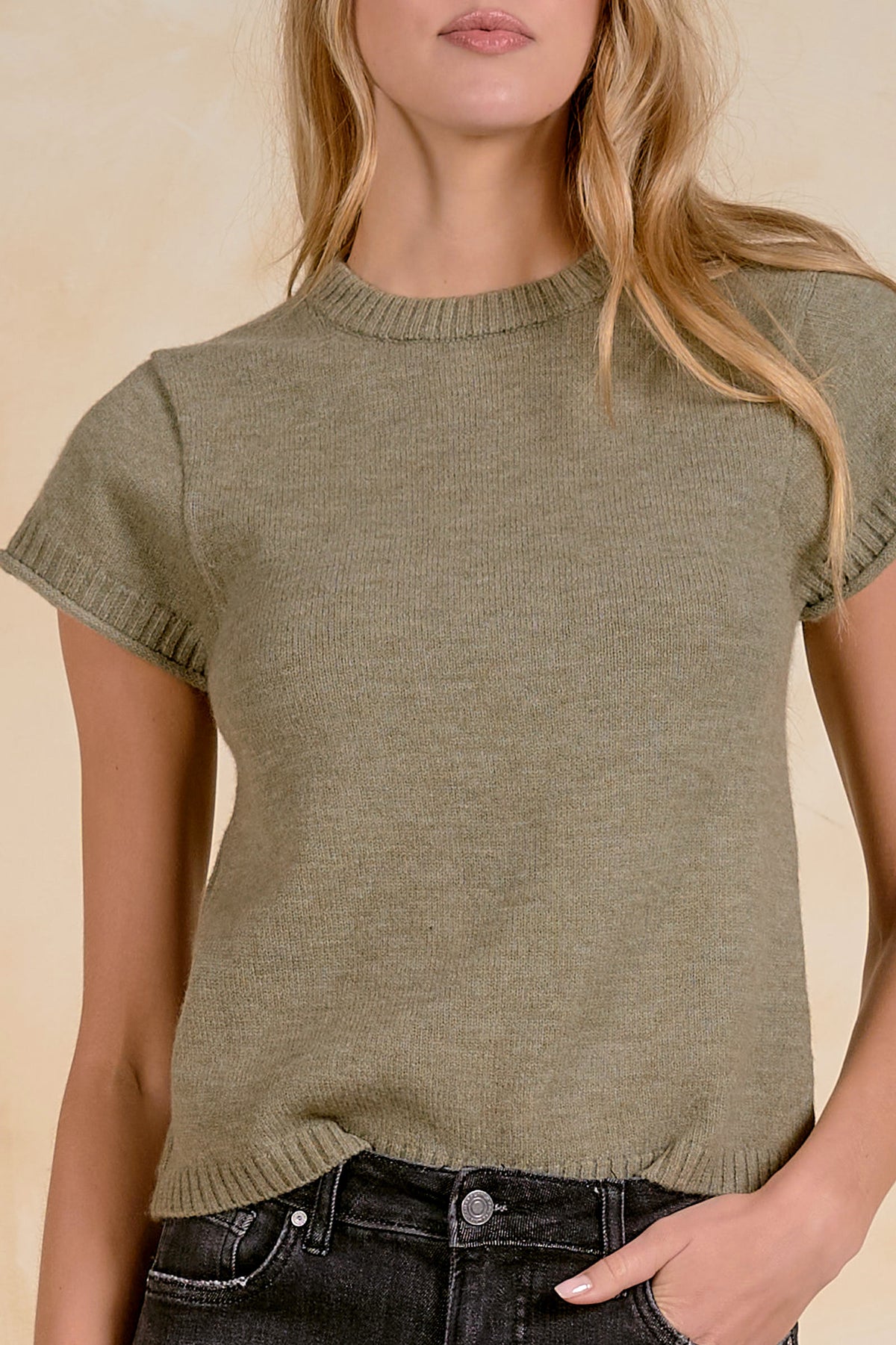 Elan Colette Sweater - Light Olive-Hand In Pocket