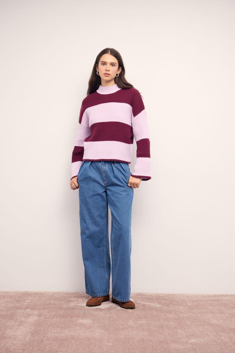 MINKPINK Freja Stripe Chunky Knit Jumper - Violet/Wine-Hand In Pocket