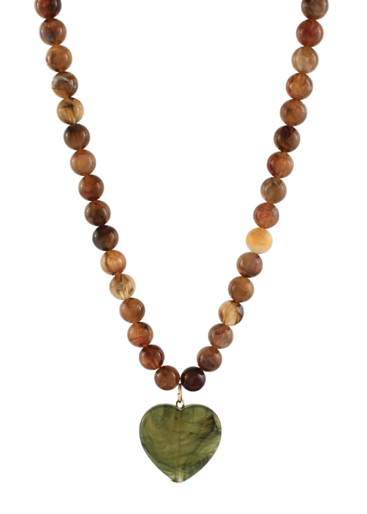 Crescent Marble Puffy Heart & Ball Necklace - Brown/Olive