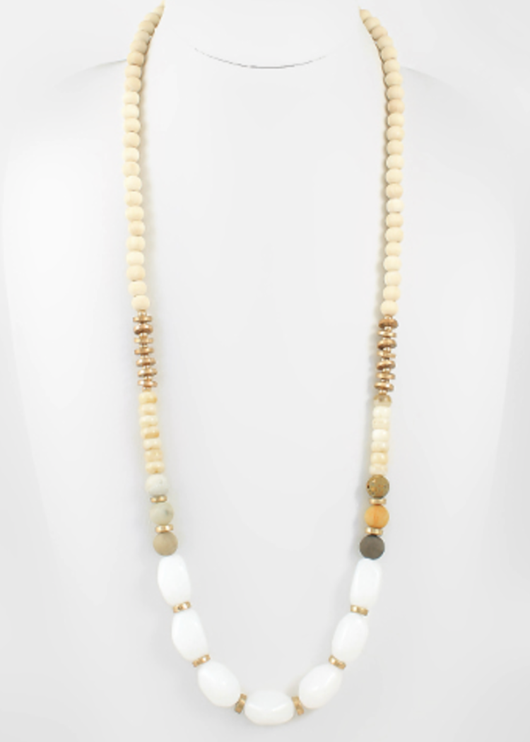 Harbor Wood Ball & Acetate Long Necklace - White/WG-Hand In Pocket