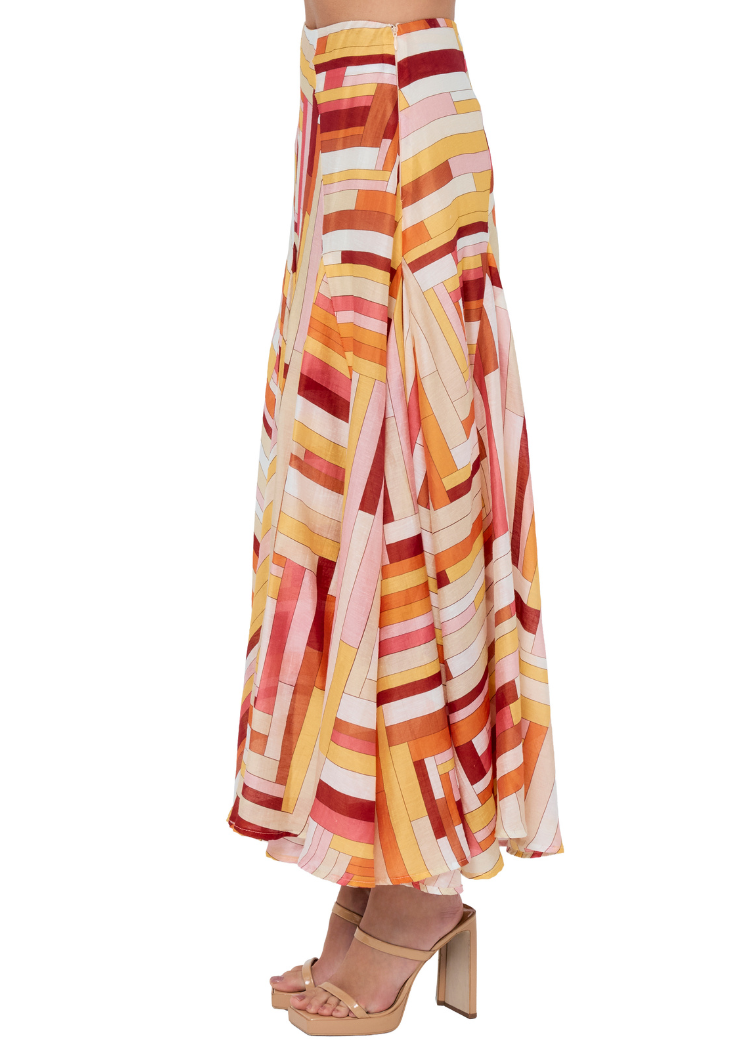Ciebon Roese Paneled Midi Skirt - Pink Multi-Hand In Pocket