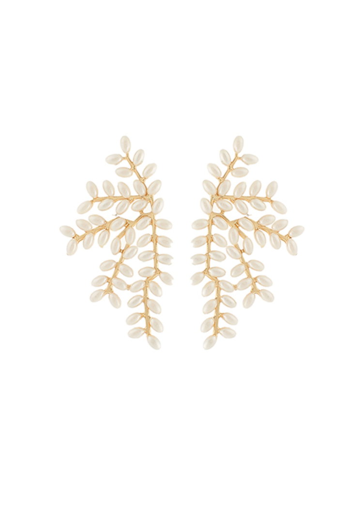 Dahlia Pearl Long Leaf Earrings - Cream/Gold-Hand In Pocket