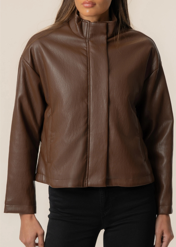 KUT Wren Faux Leather Jacket - Chocolate-Hand In Pocket