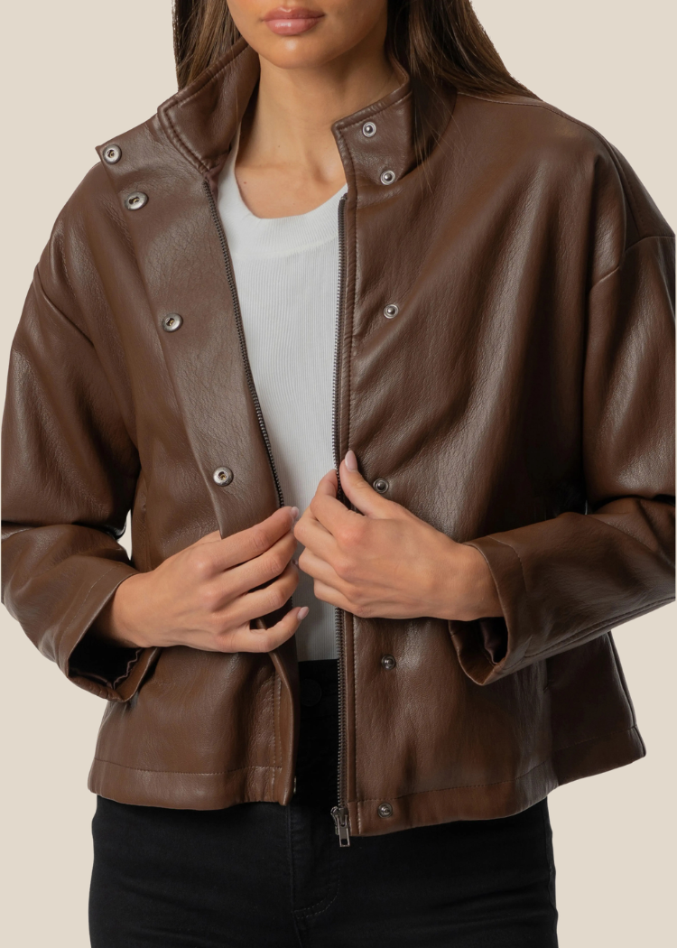 KUT Wren Faux Leather Jacket - Chocolate-Hand In Pocket