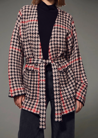 Sanctuary Jacquard Coatigan - Red Hot Houndstooth-Hand In Pocket