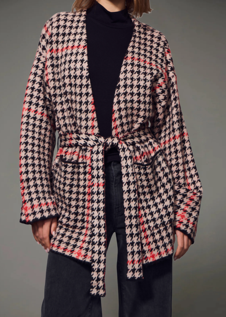 Sanctuary Jacquard Coatigan - Red Hot Houndstooth-Hand In Pocket