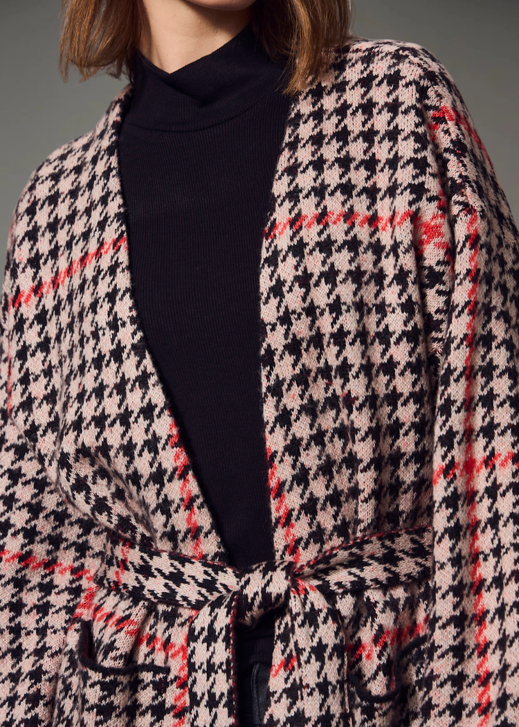 Sanctuary Jacquard Coatigan - Red Hot Houndstooth-Hand In Pocket