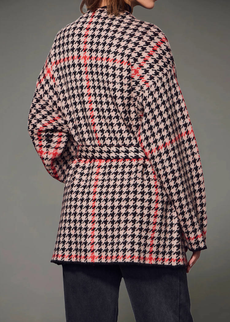 Sanctuary Jacquard Coatigan - Red Hot Houndstooth-Hand In Pocket