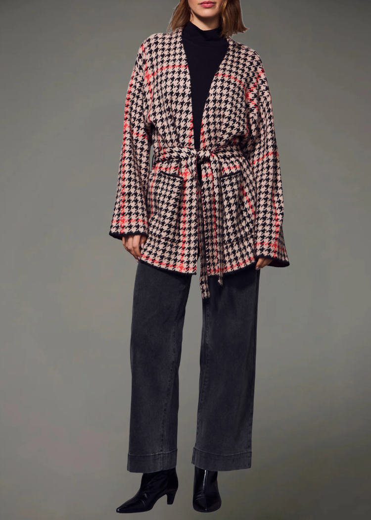 Sanctuary Jacquard Coatigan - Red Hot Houndstooth-Hand In Pocket