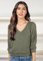 Michael Stars Gabriella V-Neck Top - Tarragon-Hand In Pocket