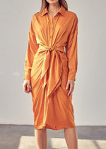Cecily Long Sleeve Ruched Tie Waist Dress- Marmalade-Hand In Pocket