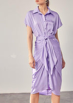 Abaco Short Sleeve Ruched Tie Waist Dress - Lavender-Hand In Pocket