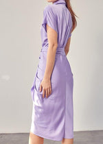 Abaco Short Sleeve Ruched Tie Waist Dress - Lavender-Hand In Pocket