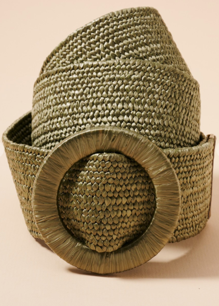 Wide Circle Buckle Straw Belt - Olive-Hand In Pocket