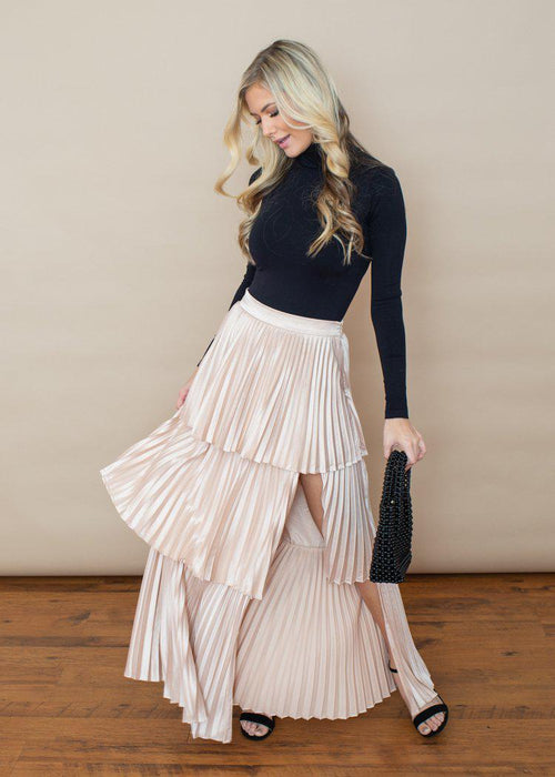 Annika Satin Pleated Tiered Maxi Skirt -***FINAL SALE***-Hand In Pocket
