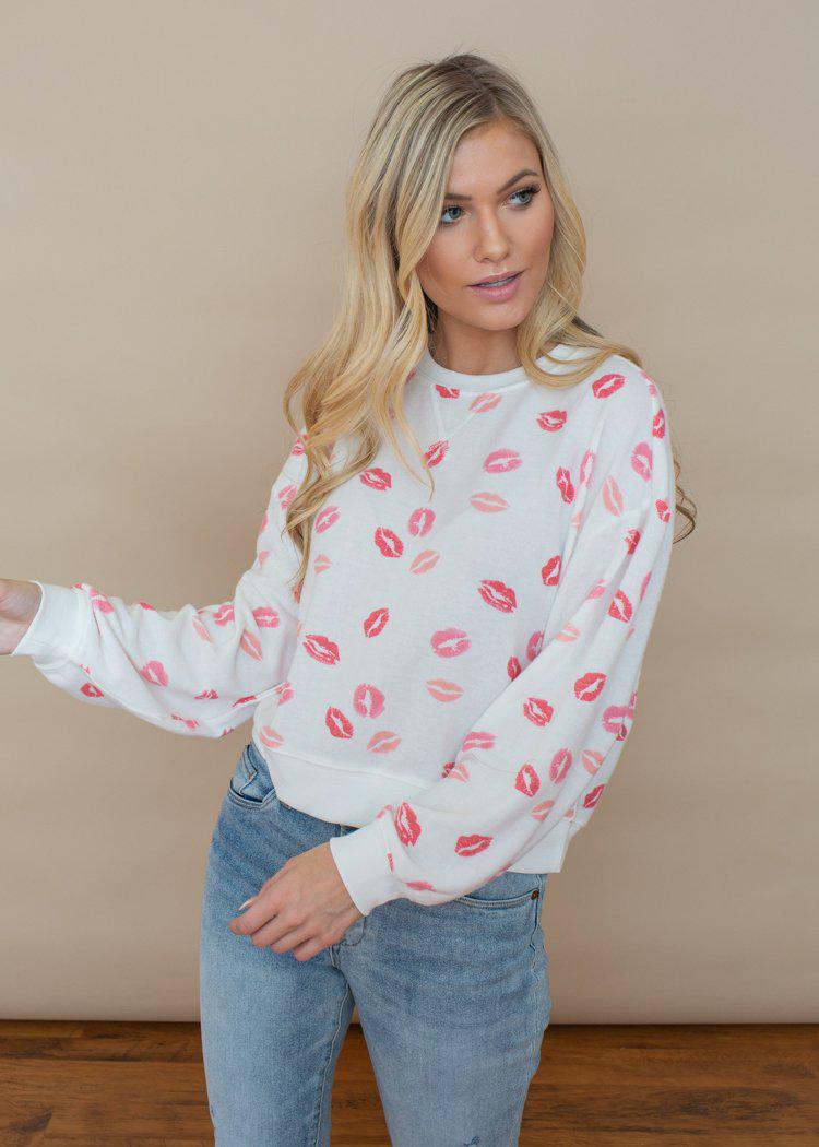 Z Supply Kissed "Lips" Crewneck Pullover-Hand In Pocket