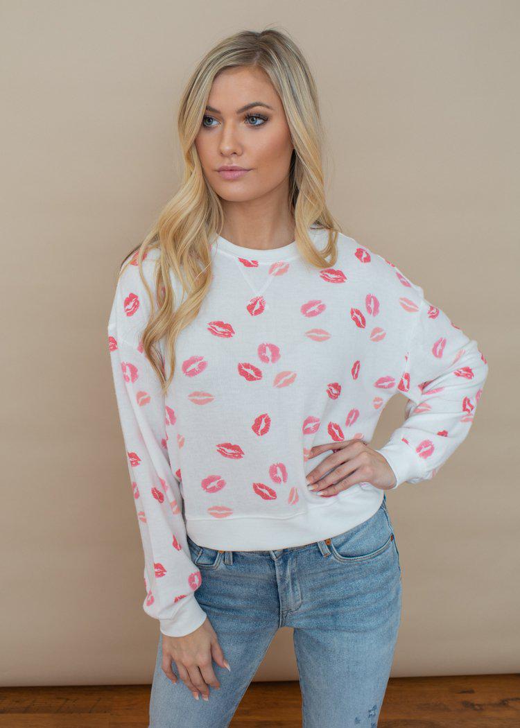 Z Supply Kissed "Lips" Crewneck Pullover-Hand In Pocket