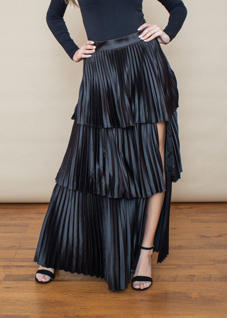 Annika Satin Tiered Pleated Maxi Skirt -Black-ON SALE – Hand In Pocket