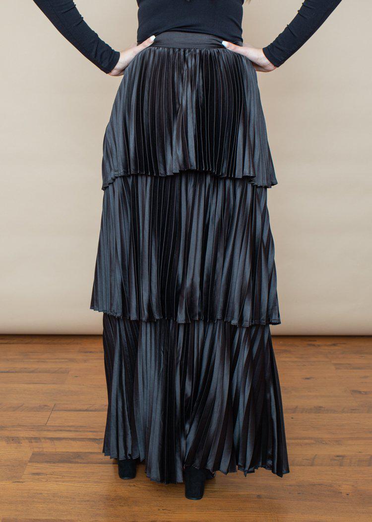 Annika Satin Pleated Tiered Maxi Skirt -Black-***FINAL SALE***-Hand In Pocket