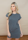 Bobi Crew Neck Cotton T-Shirt Dress Grey-Hand In Pocket