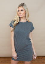 Bobi Crew Neck Cotton T-Shirt Dress Grey-Hand In Pocket