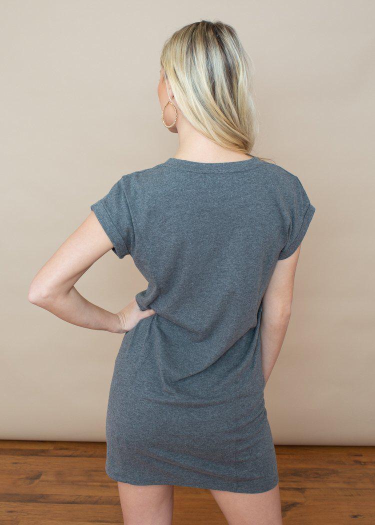 Bobi Crew Neck Cotton T-Shirt Dress Grey-Hand In Pocket