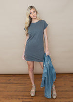 Bobi Crew Neck Cotton T-Shirt Dress Grey-Hand In Pocket