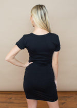 Bobi Short Sleeve Ruched Dress-Black-Hand In Pocket